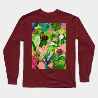 Trendy tropical floral leaves and fruits tropical pattern, botanical illustration, tropical plants, rose blush pink floral illustration Long Sleeve T-Shirt